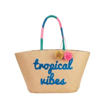 Time & Tru "Tropical Vibes" Large Straw Tote | Walmart (US)