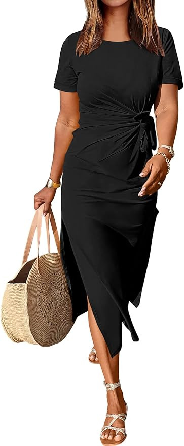 ANRABESS Women's 2025 Summer Maxi Tshirt Dress Short Sleeve Crewneck Tie Waist Casual Slim Fit Sl... | Amazon (US)