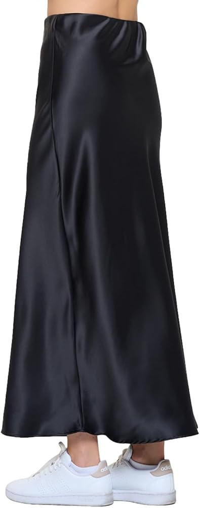Women Solid High Waist Silky Casual Elastic Satin Long Skirt Ankle Length | Amazon (US)