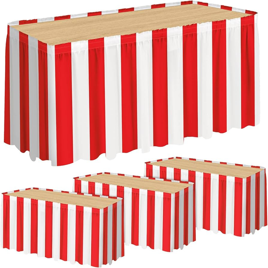 durony 4 Packs Red and White Striped Table Skirt Circus Theme Party Supplies Carnival Table Skirt... | Amazon (US)