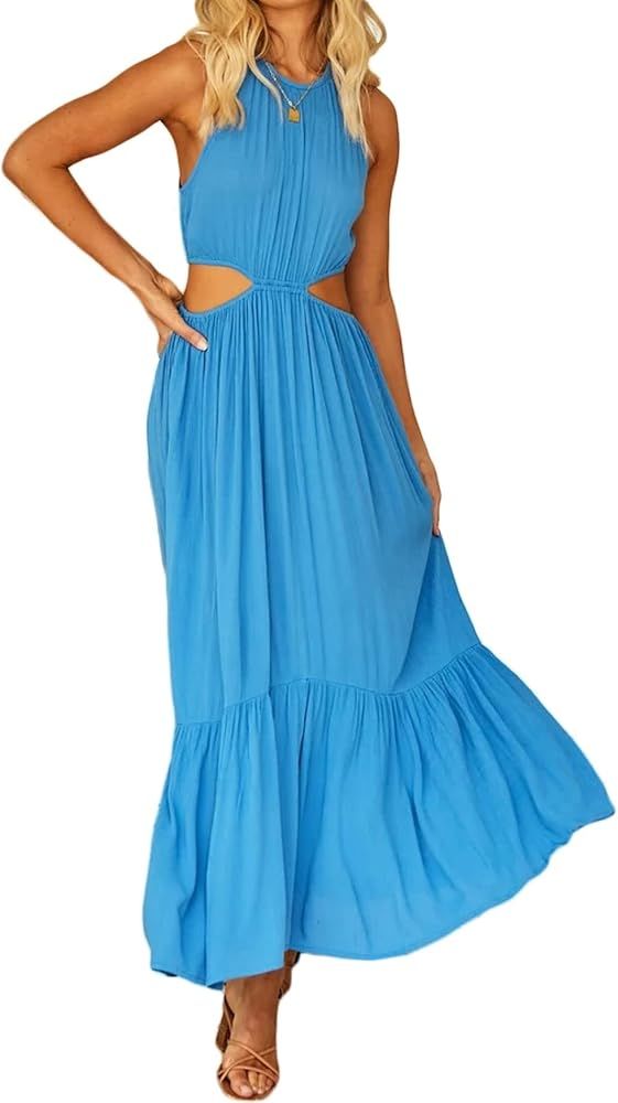 loveimgs Women's Boho Flowy Cutout Pleated Maxi Dress Halter Sleeveless Party Beach Tank Dress | Amazon (US)