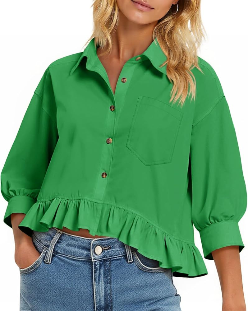 Womens Cropped Button Down Shirts 3/4 Length Sleeve Casual Cotton Blouses Loose Fit Ruffle Hem To... | Amazon (US)
