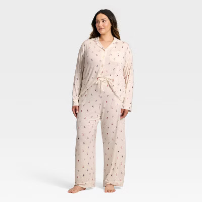 Women's Cloud Knit Modal Long Sleeve Notch Collar Top and Pants Pajama Set - Auden™ Cream Skiers 1X | Target