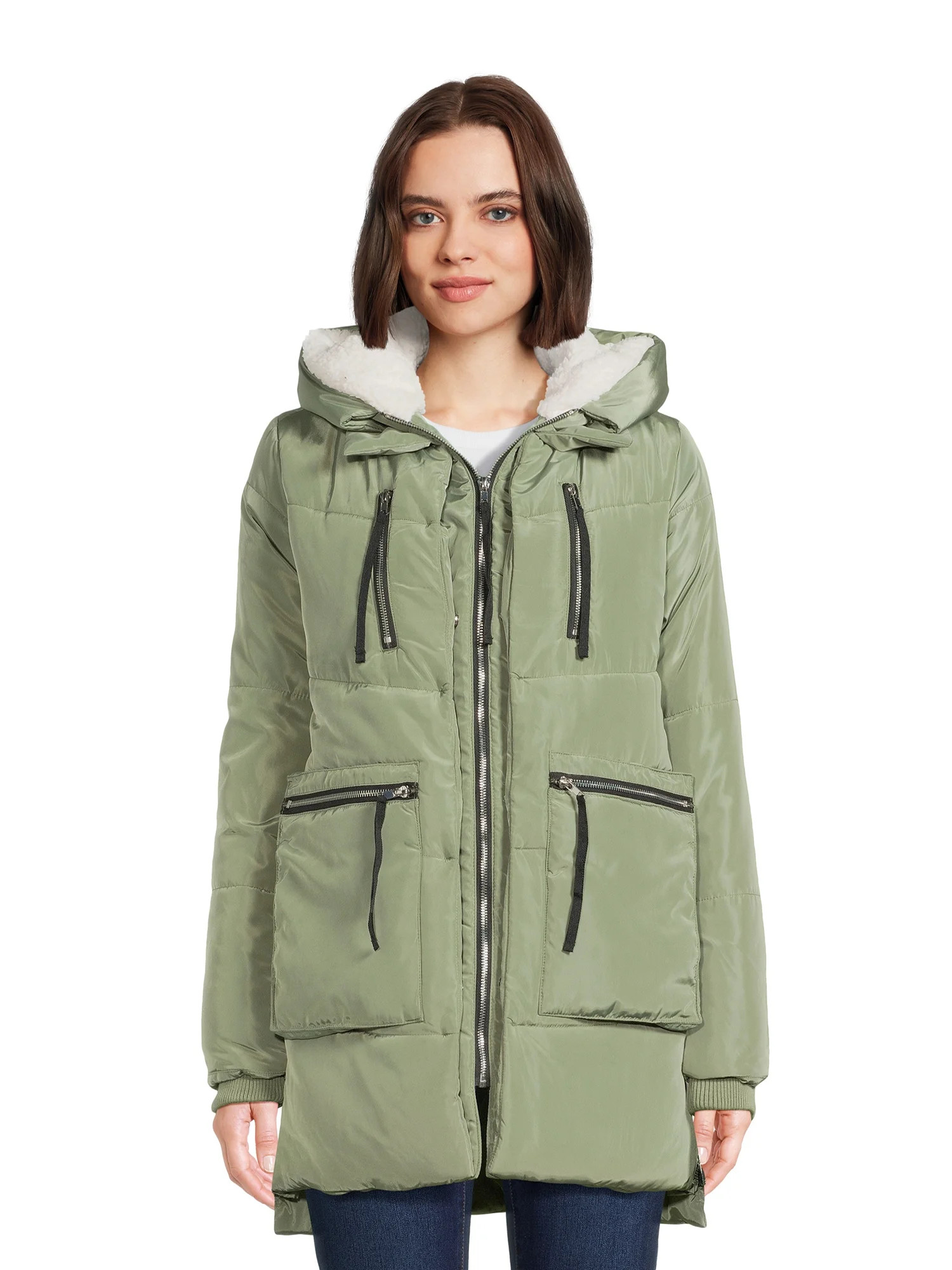 Jason Maxwell Women's Puffer Coat with Faux Sherpa Lined Hood, Sizes S-XL | Walmart (US)