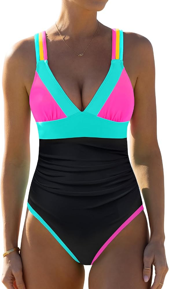 popvil One Piece Swimsuit Women Tummy Control Bathing Suit Neon Color Block Swim Suits 2025 Swimw... | Amazon (US)