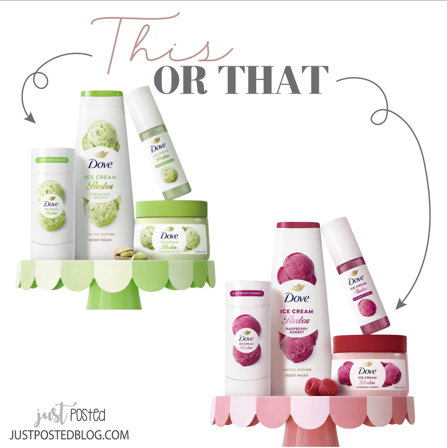 Pistachio or Raspberry sorbet?!?! New Dove scents in a body wash, deodorant, body mist, and sugar scrub!! 

 
