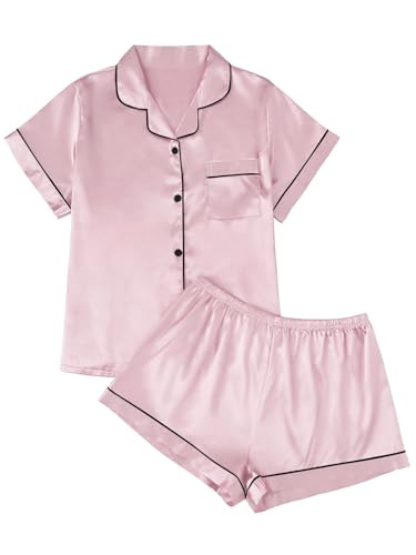 LILLUSORY Silk Satin Pajama Set for Women 2 Piece Lounge Pjs Winter Matching Summer Sleepwear Button Down Shirt Shorts Pink M | Amazon (US)