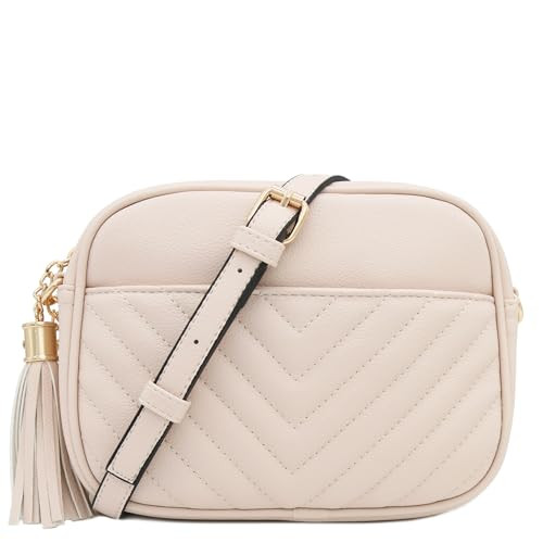 FashionPuzzle Chevron Quilted Crossbody Camera Bag with Chain Strap and Tassel (Nude) One Size | Amazon (US)