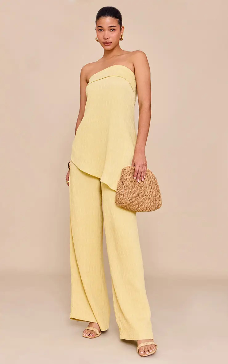 Lemon Textured Wide Leg Trouser | PrettyLittleThing UK