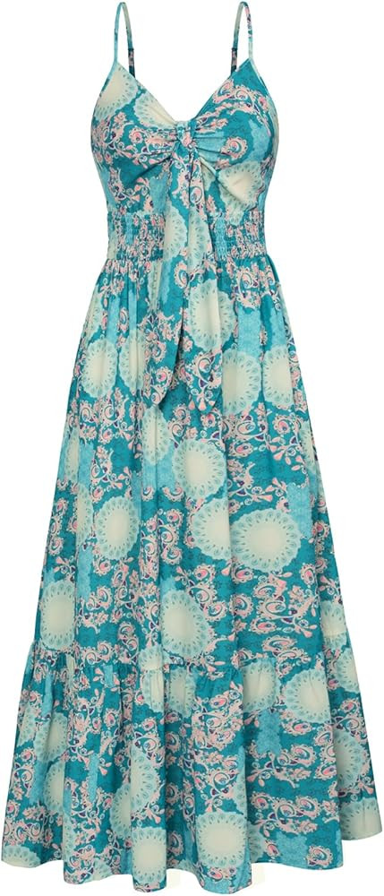 GRACE KARIN Women's 2025 Summer Beach Dress Floral V Neck Tie Front Spaghetti Strap Flowy Long Dr... | Amazon (US)