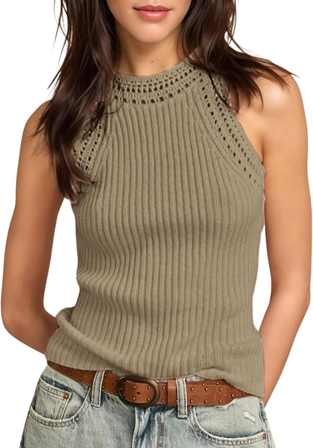 Women’s Tank Top Crochet Trim Crew Neck Sleeveless Halter Top Sexy Racerback Summer Cami Shirts | Amazon (US)