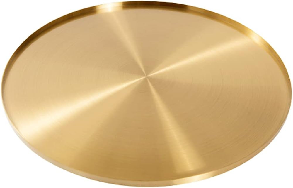 14 Inch Light Gold Round Metal Decorative Tray, Mirror Finish Golden Serving Tray Platter with 0.... | Amazon (US)