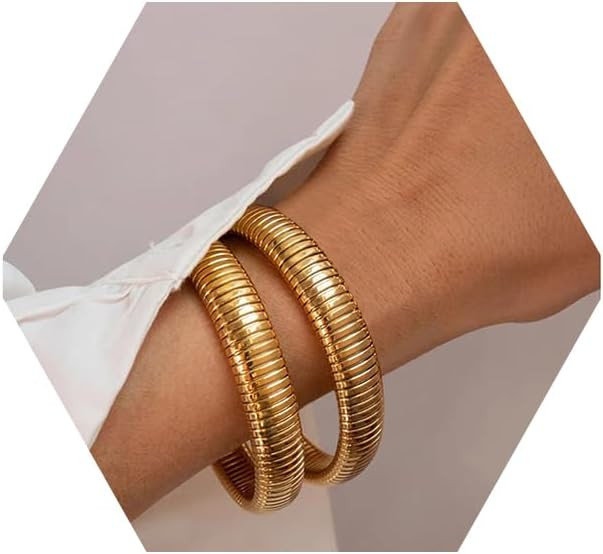 Gold Bangles for Women Chunky Stretch Bangles Bracelets Set 18K Gold Plated Stainless Steel Link ... | Amazon (US)