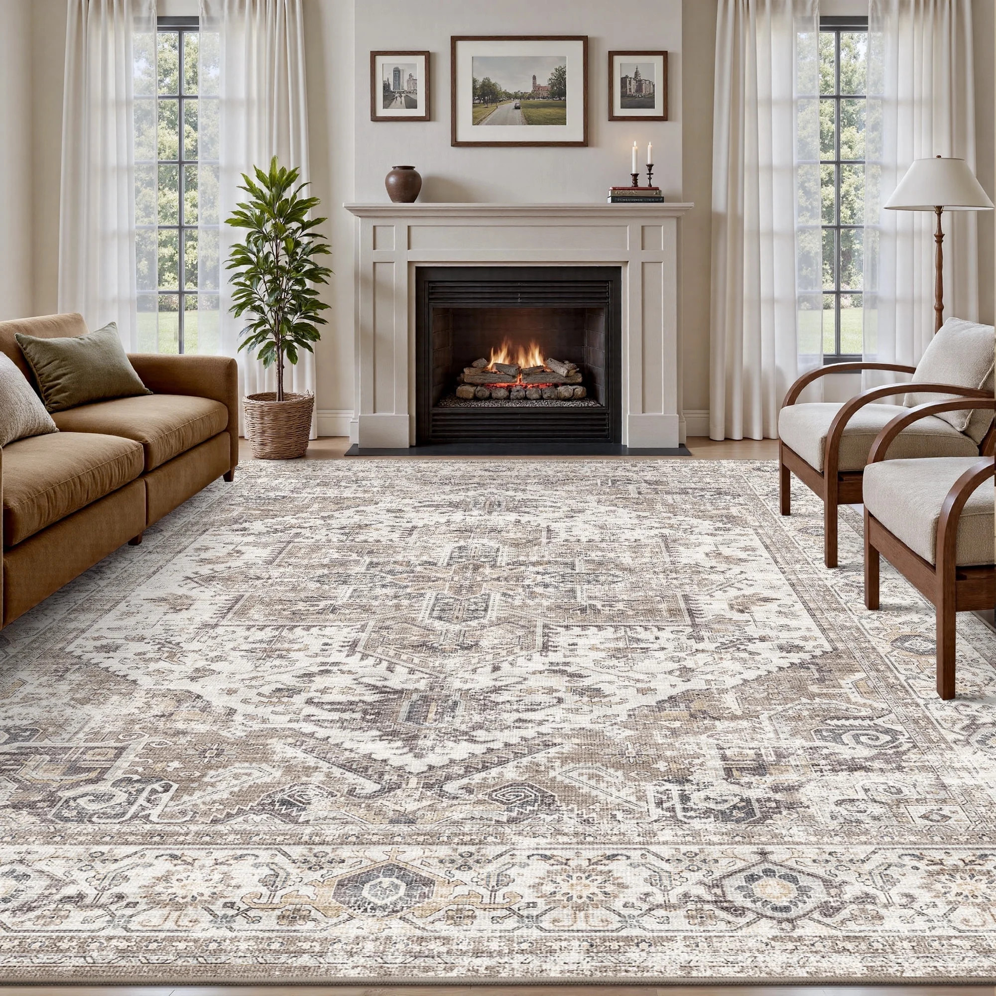 SIXHOME 5'x7' Area Rug for Living Room Vintage Bohemian Soft Carpet Neutral Blue Washable Non-Slip Indoor Rug for Bedroom Dining Room Home Office Low Pile Accent Floor Rug for Home Decor Beige | Walmart (US)