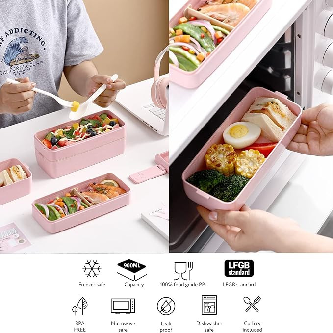 Rarapop Beige Stackable Bento Lunch Box Kit, 3-In-1 Compartment Wheat Straw Lunch Containers with... | Amazon (US)