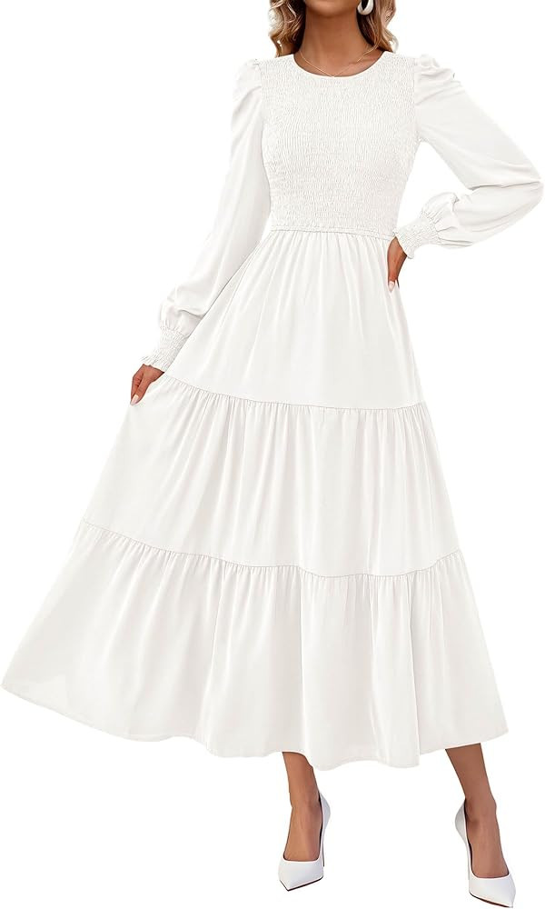 KIRUNDO Spring Dresses for Women 2026 Long Sleeve Maxi Wedding Guest Smocked Crew Neck Empire Wai... | Amazon (US)