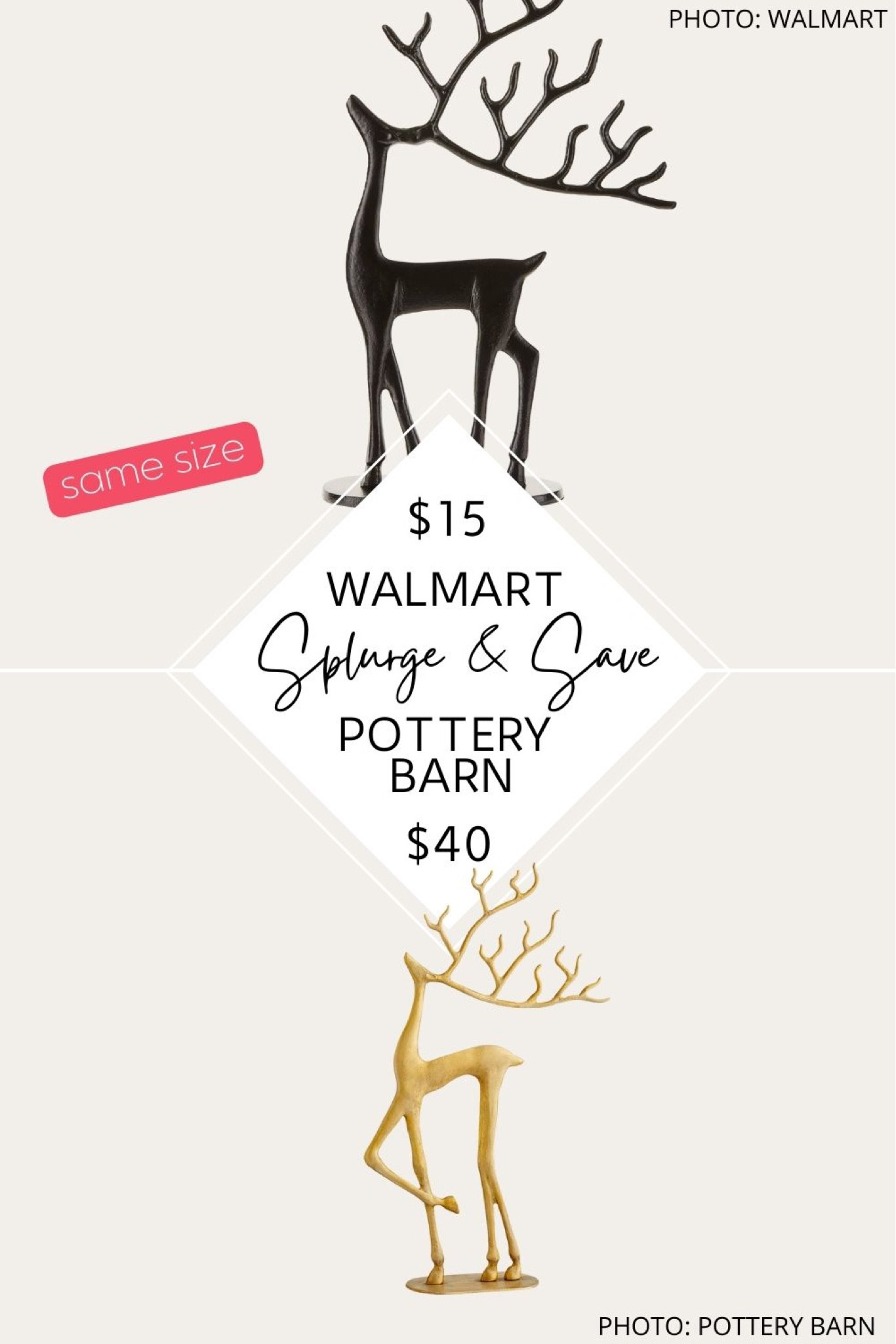 Is it too early to talk about affordable holiday decorations? 🫣 The key is to actually start collecting decor for the holidays NOW while items are still in stock. Whether you go with the Pottery Barn Brass Sculpted Reindeer or the Walmart Holiday Time Metal Casted Reindeer Tabletop Décor, you’ll be ready early if you shop these items now.  I should also point out that BOTH items are the same size.  

Holiday decor. Christmas decor. Christmas home decor. Holiday home decor. Pottery Barn dupes. Pottery Barn Christmas decor dupes. Pottery Barn christmas. Walmart home decor finds. Walmart finds. Walmart Christmas decor. The best walmart finds. The best Walmart home finds. #dupe #lookforless #budget #home #decor #homedecor #christmas #holiday #festive. Christmas decorations. Walmart Christmas decorations  

#LTKfindsunder50 #LTKHoliday #LTKhome