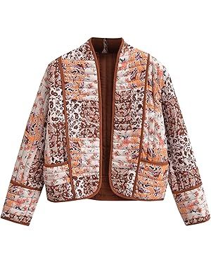 Wyeysyt Women's Cropped Puffer Jacket Cardigan Floral Printed Lightweight Long Sleeve Open Front ... | Amazon (CA)