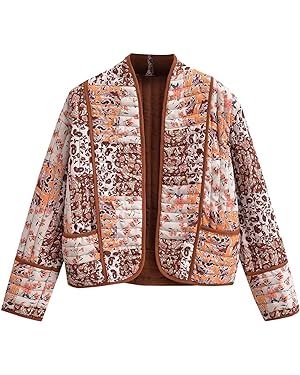 Wyeysyt Women's Cropped Puffer Jacket Cardigan Floral Printed Lightweight Long Sleeve Open Front ... | Amazon (CA)