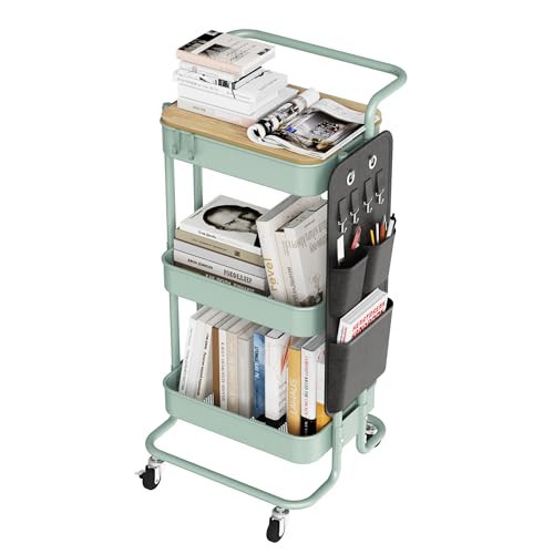 DTK 3 Tier Metal Utility Rolling Cart with Table Top and Side Bags, Metal Tray Storage Organizer Cart with Wheels, Art Craft Cart with 4 Hooks for Kitchen Bathroom Office Living Room (Green) | Amazon (US)