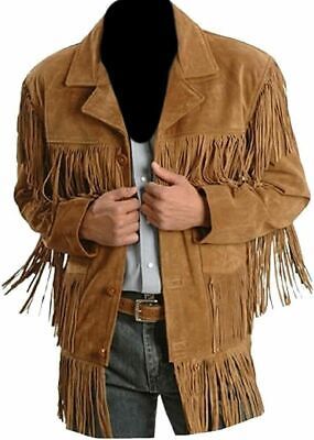 Men Western Cowboy Suede Leather Men Jacket with Fringed & Button -Tan Brown  | eBay | eBay US