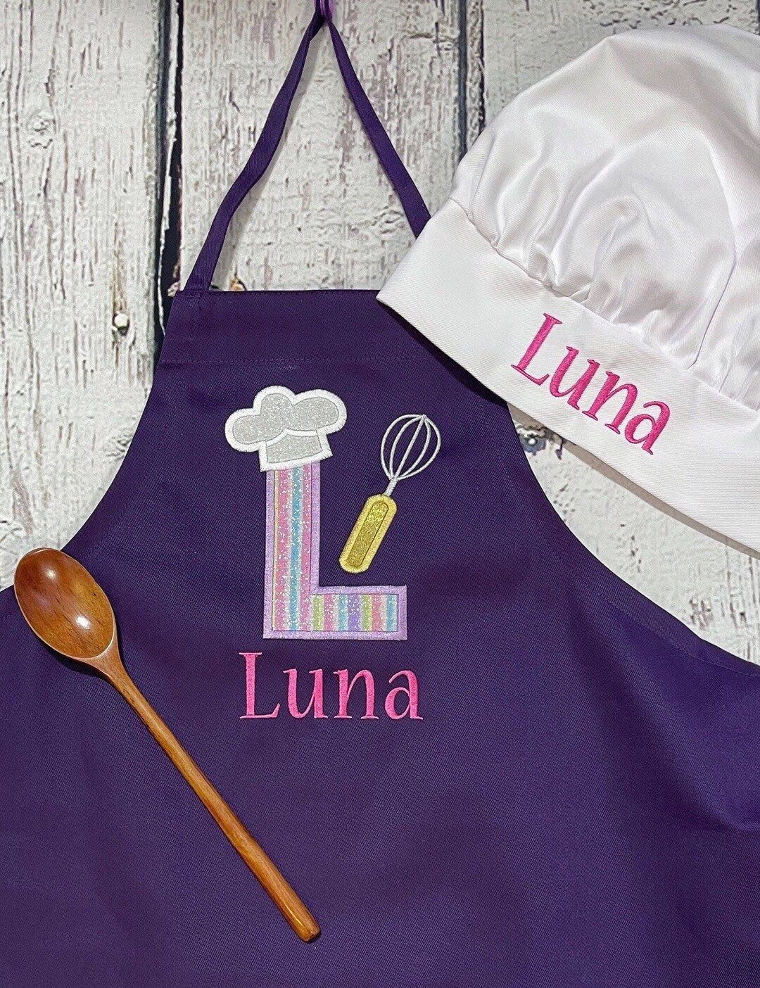 Personalized kids apron with Initial and name, embroidered glitter cooking or baking apron with i... | Etsy (US)