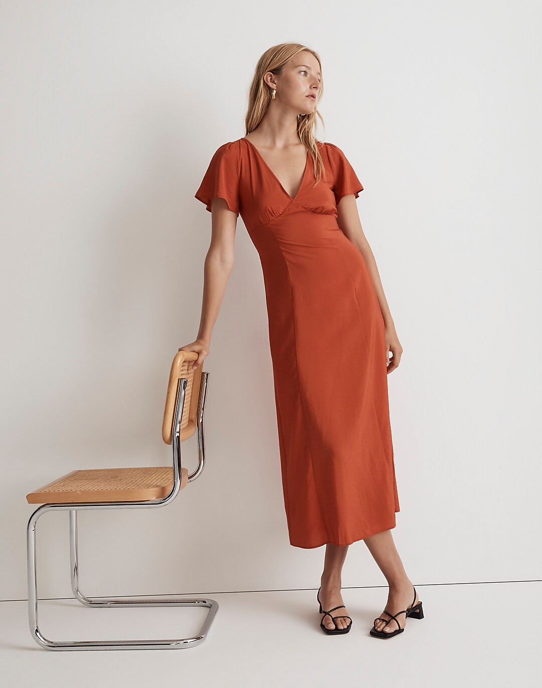V-Neck Flutter-Sleeve Midi Dress | Madewell