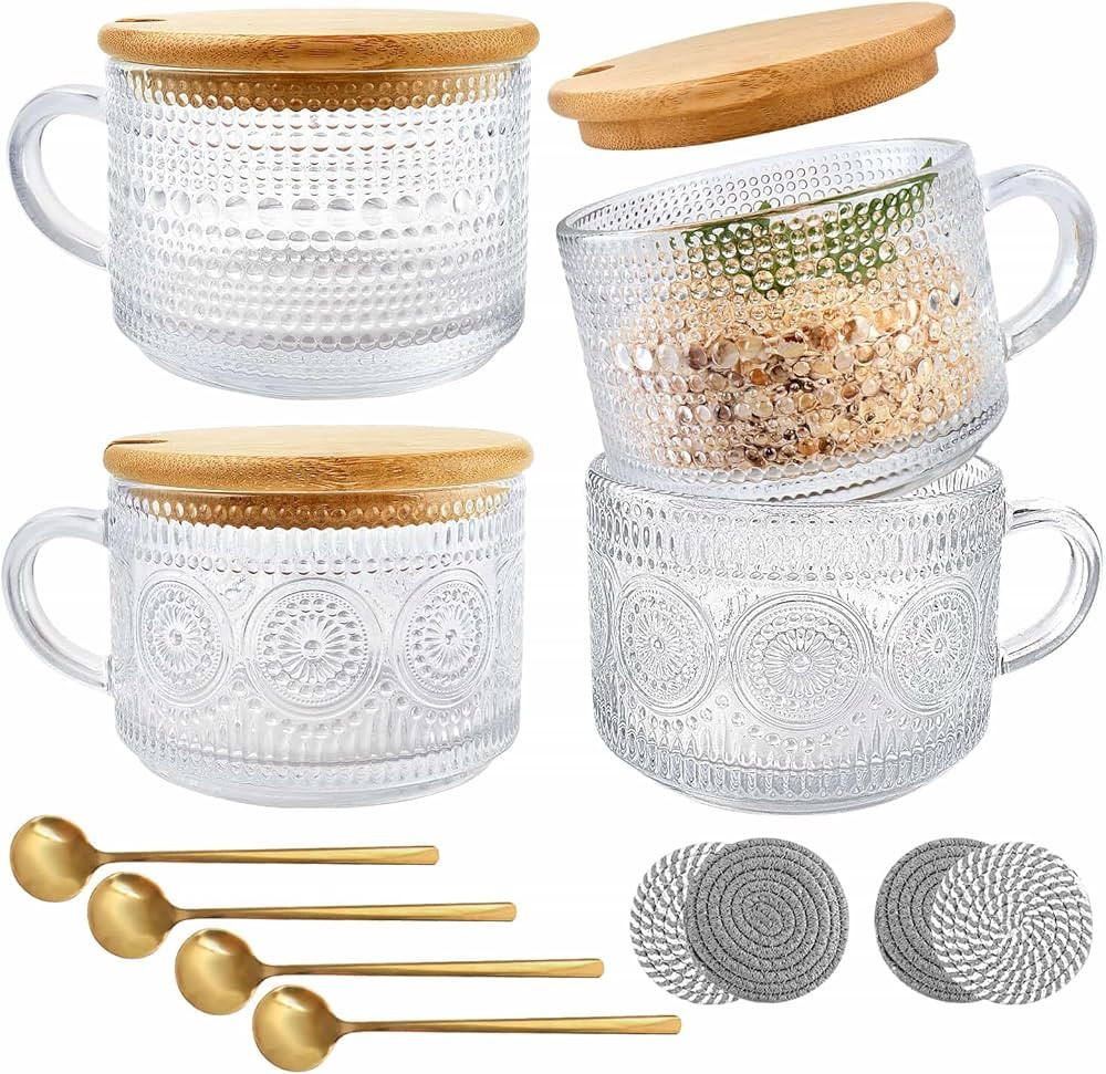 Vintage Coffee Glass Mugs Set of 4, 14oz Overnight Oats Containers with Bamboo Lids, Coaster and ... | Amazon (US)