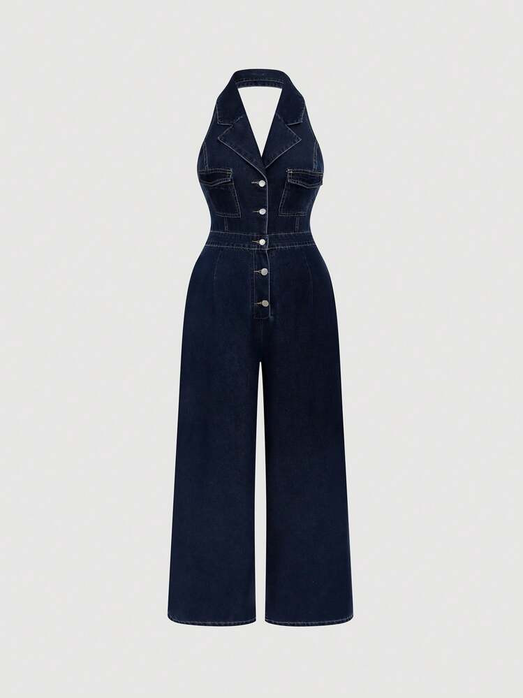 SHEIN MOD Plus Size Blue Denim Jumpsuit, Halter Neck Fitted Straight Leg Pants | SHEIN