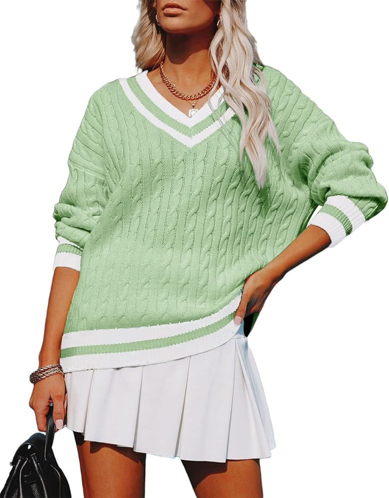 Foshow Womens V Neck Striped Pullover Sweaters Chevron Cable Color Block Sweater Long Sleeve Jumper  | Amazon (US)