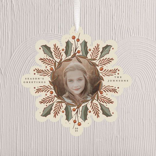 "Holly Snowflake" - Customizable Foil-pressed Holiday Ornament Cards in Yellow by Becky Nimoy. | Minted
