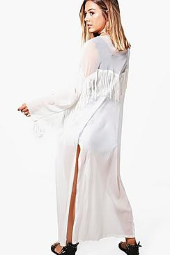 Petite Fringe Detail Longline Kimono | Boohoo.com (US & CA)