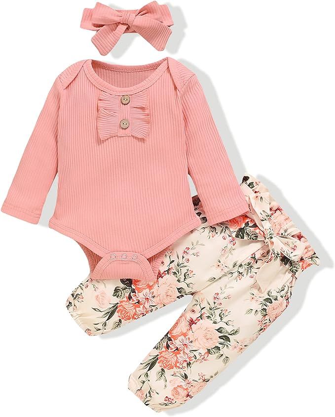 Newborn Infant Baby Girl Clothes Romper Pants Set Floral Outfits Cotton Baby Clothes for Girls | Amazon (US)