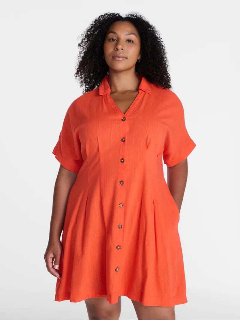 Time and Tru Women's Linen Pleated Waist Fit And Flare Mini Shirt Dress, Sizes XS-XXXL | Walmart (US)