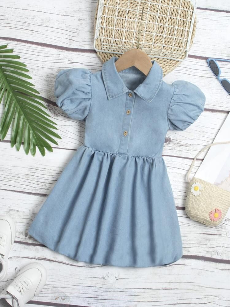 New
     
      Toddler Girls Puff Sleeve Half Button Denim Dress | SHEIN