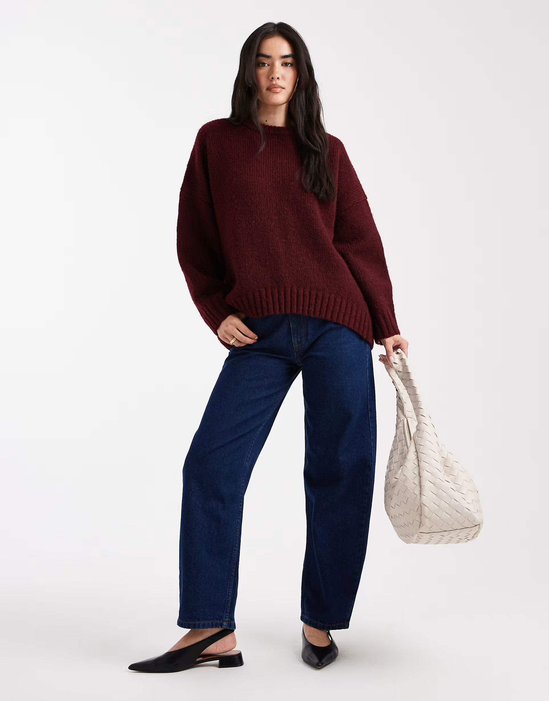 ASOS DESIGN oversized crew neck jumper with curved hem in burgundy | ASOS (Global)