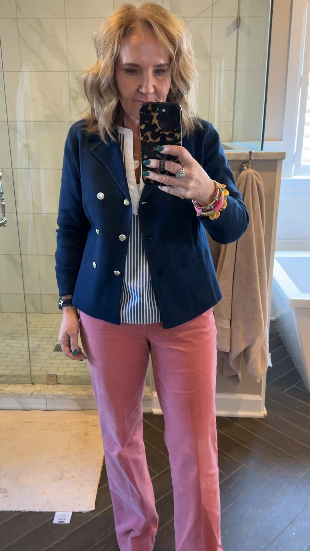 OOTD 
navy sweater jacket wearing a medium petite
Striped pop over wearing a size medium 
Find whale corduroy pants are on sale for $35. They’re super soft. I am wearing a six regular, the petite would work if you didn’t wanna wear heels. But you do need to size down in these. 

Linking some new Julie Vos jewelry always a sweet treat when that box arrives

#LTKSaleAlert #LTKOver40 #LTKFindsUnder100