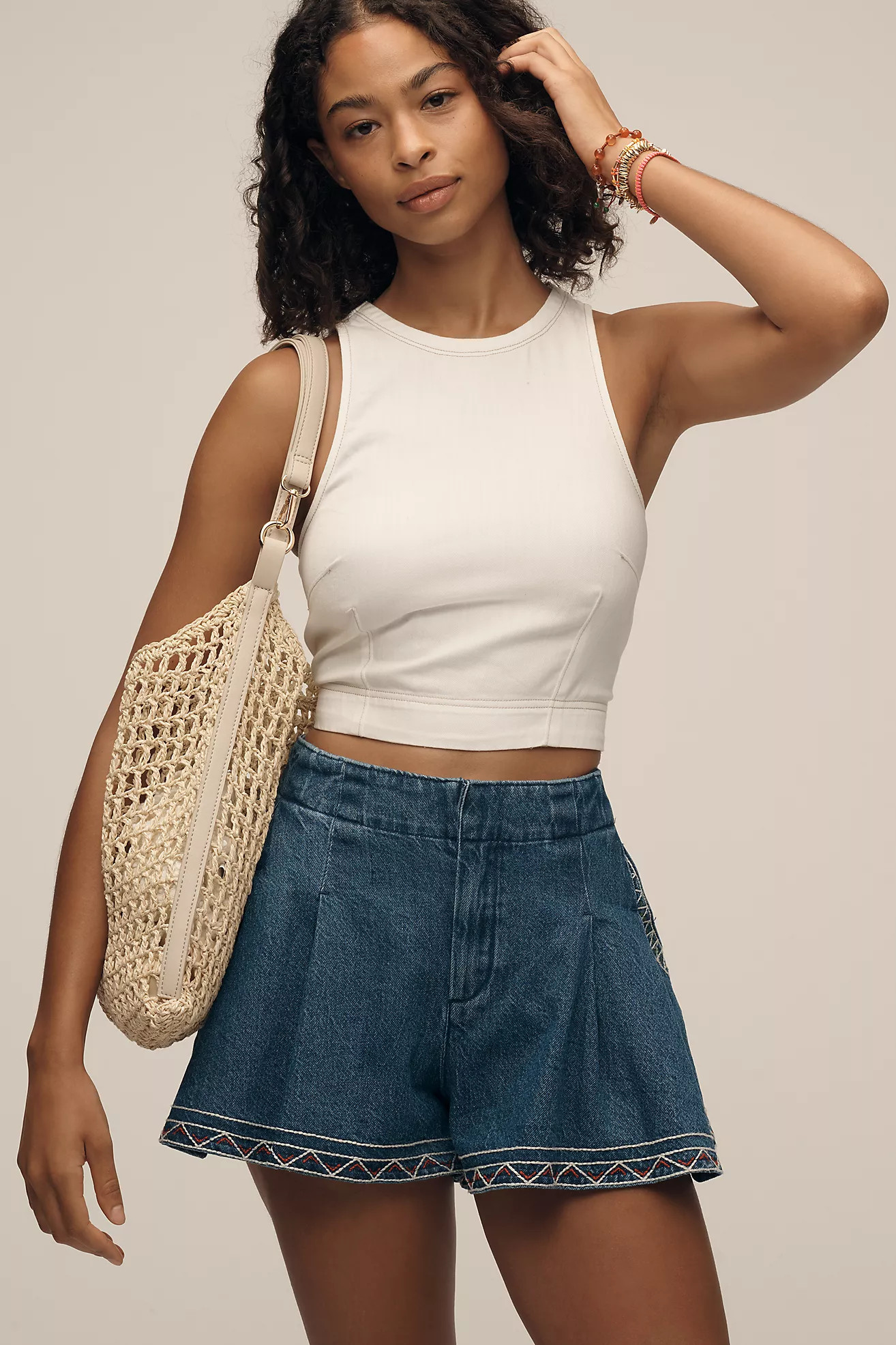 Pilcro Embroidered Pleated Denim Skirty Shorts | Anthropologie (US)