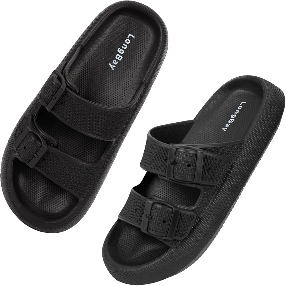 LongBay Women Men Double Buckle Adjustable EVA Slide Slippers Cloud Pillow Sandals | Amazon (US)