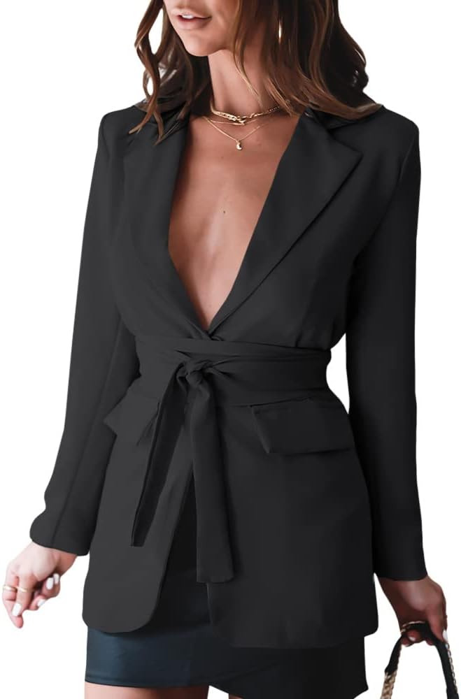 Langwyqu Womens Blazers Long Sleeve Button Down Casual Work Office Jackets with Belt | Amazon (US)
