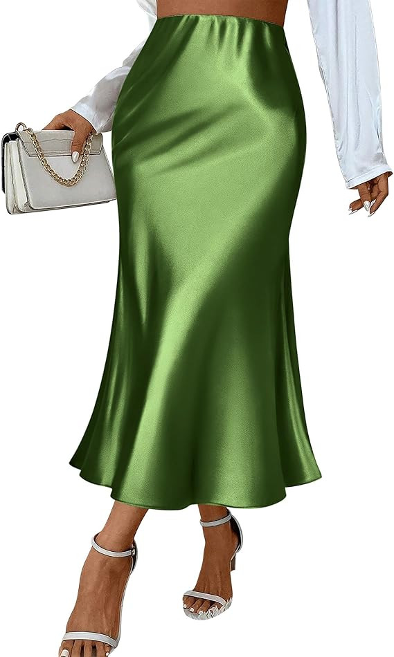 Zeagoo Womens Satin Skirt Thin High Waist Midi Skirt Flowy Silk Casual Skirts Mermaid Hem | Amazon (US)