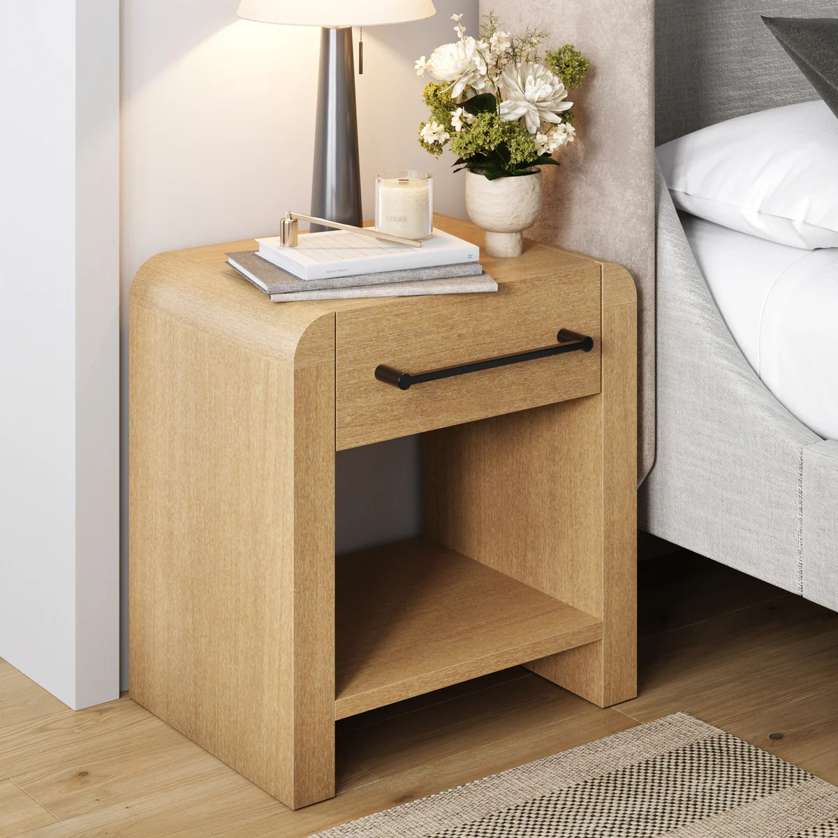 Modern 1-Drawer Nighstand with Metal Handle Light Brown | Nathan James