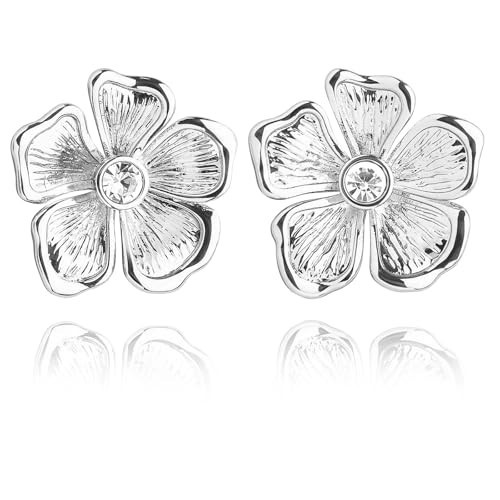 FSLEAD Silver Flower Earrings for Women Large Floral White Gold Statement Earring CZ Bloomer Dangle Earring Hypoallergenic Big Dangle Flower Stud Earrings | Amazon (US)
