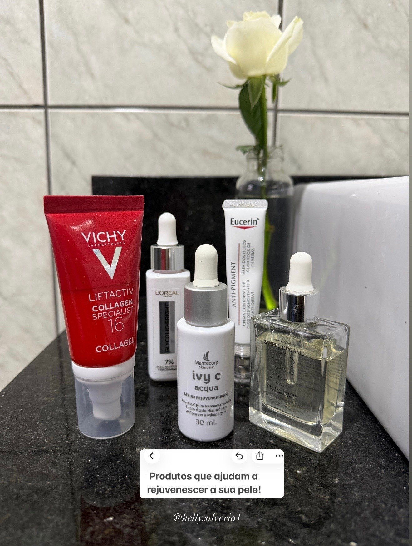 1) Gel hidratante estimulador de colágeno - Vichy 

 Estimula a produção de colágeno, tem efeito lifting imediato, proporciona firmeza na pele e glow natural. 

2) Glycolic Bright - L’oreal Paris

 Proporciona uniformidade e luminosidade na pele, sua fórmula corrige marcas, revelando uma pele radiante e com textura renovada. 

3) Rejuvenescedor Facial Ivy C Acqua - Mantecorp

 Tem ação antioxidante com Vitamina C e ajuda na uniformização, redução de linhas de expressão, hidratação e proteção da pele. 

4) Anti-Pigment Creme para Área dos Olhos - Eucerin 

 Ajuda a reduzir o aspecto escuro das olheiras e contribui para uma aparência mas iluminada e uniforme. 

5) Serum Rejunescedor - Simple Organic 

 Contribuiu com a hidratação, firmeza e redução de linhas de expressão da pele.

#LTKbeleza