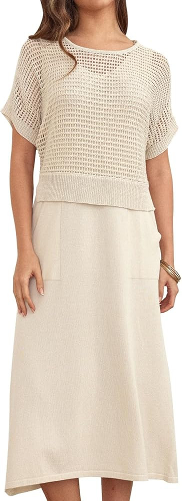 Summer Crochet Two Piece Skirt Set for Women, Short Sleeve Sweater Top and Midi Skirt Set | Amazon (US)