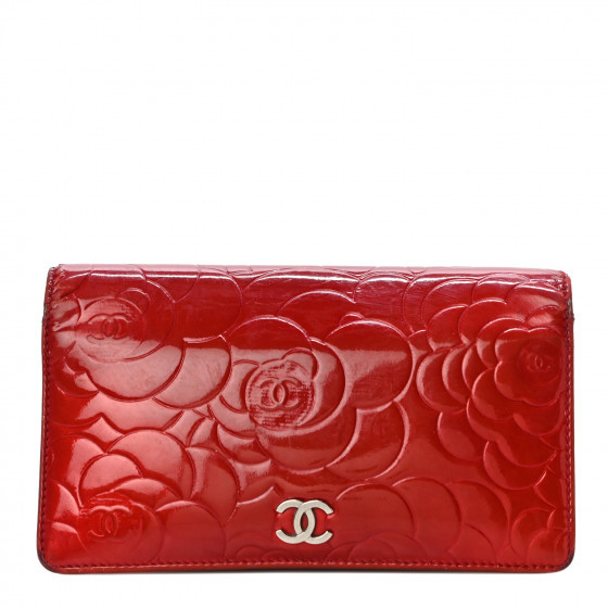 CHANEL Patent Camellia Embossed Yen Wallet Red | Fashionphile