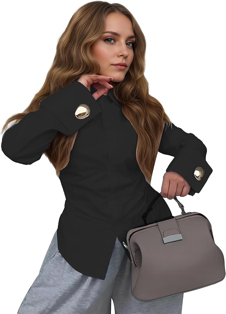 oshoplive Women's Elegant Office Work Blouse Shirt Tops Dressy Long Sleeve Collar V Neck Shirts | Amazon (US)