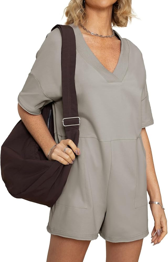 Glamaker Women's Oversized Casual Rompers Summer Outfits Workout Tee Rompers V Neck Loose Short S... | Amazon (US)