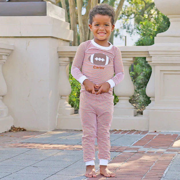 Burnt Orange Stripe Football Applique Pajamas | Classic Whimsy