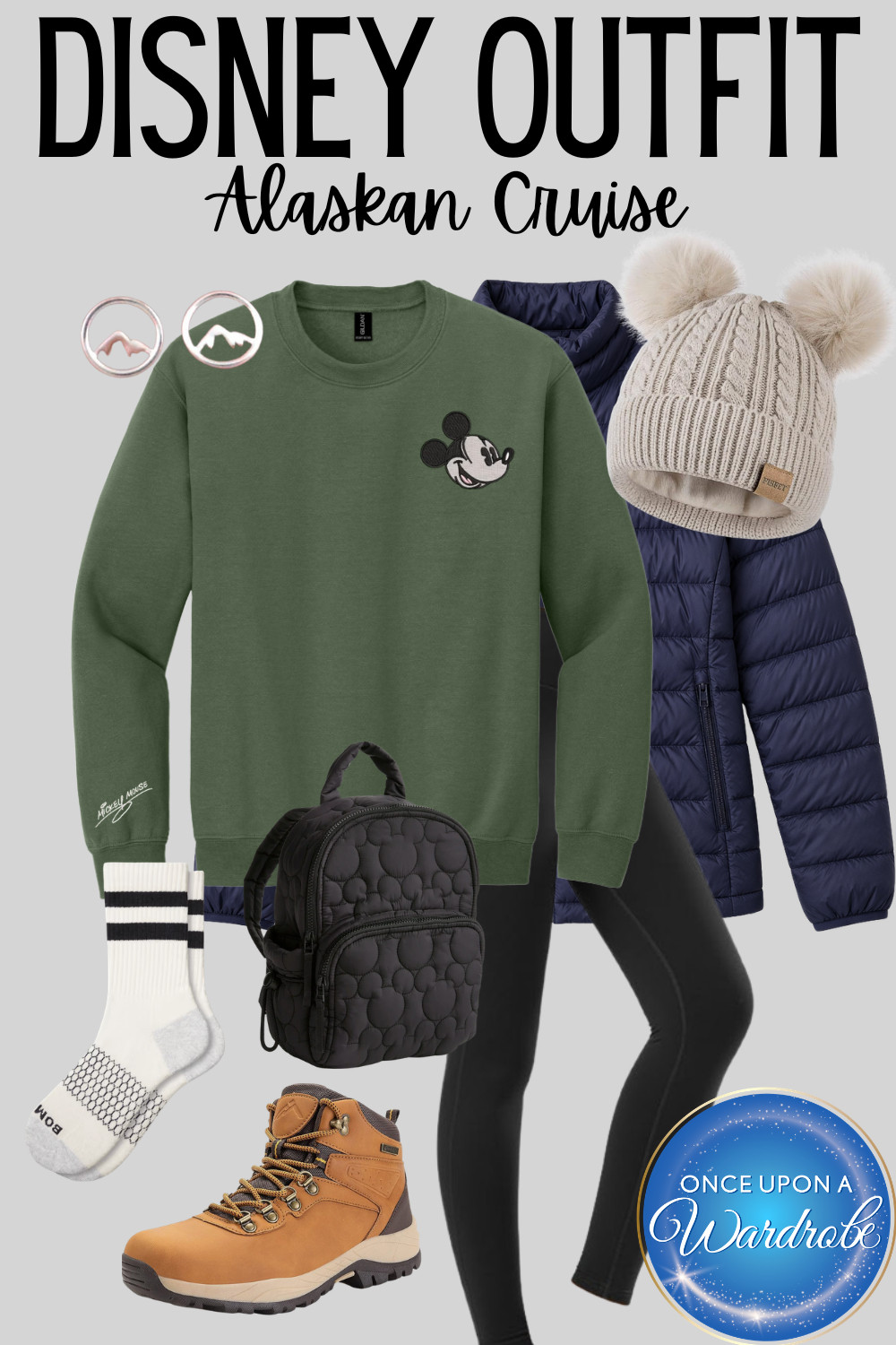Disney Cruise Alaska outfit idea for a Skagway port day 🏔️ This look is all about easy layers: a cozy Mickey sweatshirt, packable puffer jacket, warm beanie, leggings, hiking boots, and a hands-free backpack for exploring port, excursions, and cooler cruise days. Great inspo for what to wear on a Disney Alaska cruise! 

 #LTKmomlife #LTKSeasonal #LTKTravel